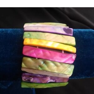 Vintage Rainbow Coloured Abalone Mother of Pearl Stretch Cuff Bracelet